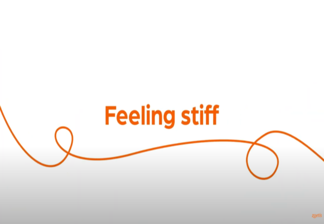 Text "Feeling stiff" with orange swirl on white background.