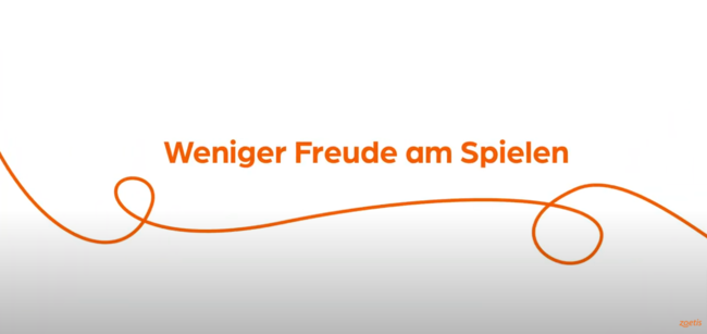 Text „Weniger Freude am Spielen“ mit orangefarbener Spirale auf weißem Hintergrund.